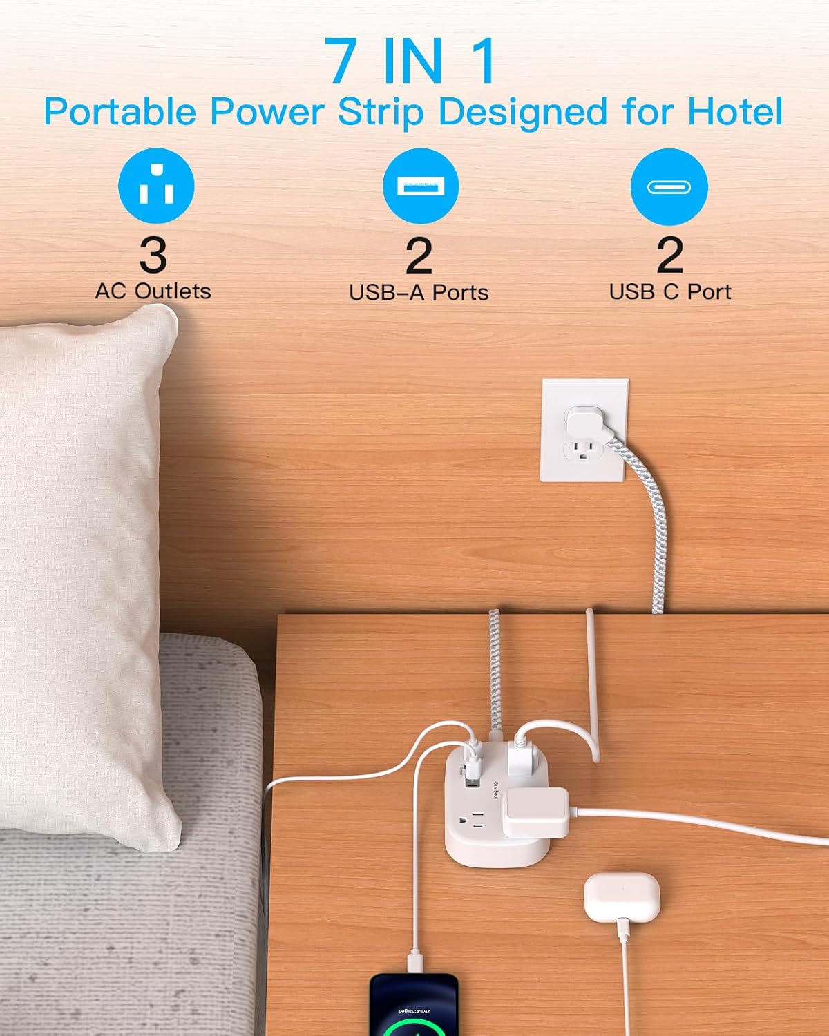 Cruise Essentials 2026,One Beat Travel Power Strip with USB C,Flat Plug Extension Cord with 3 Outlets 4 USB Ports(2 USB C),6 ft Desk Wall Outlet Extender,Non Surge Protector for Cruise,Dorm Room,ETL