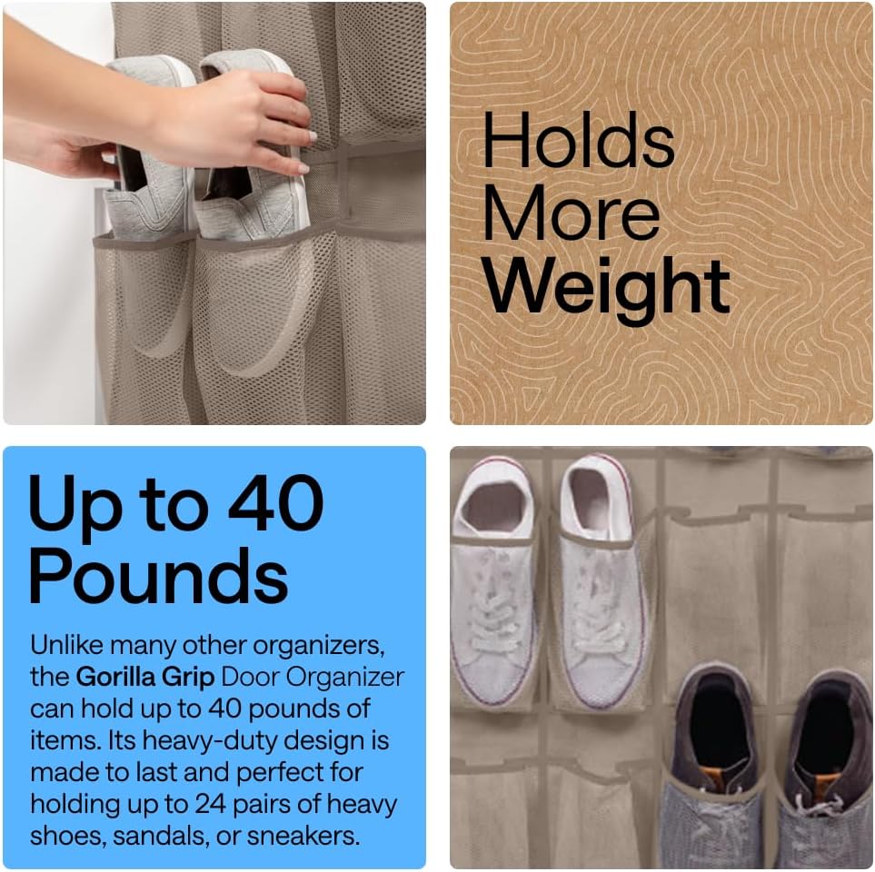 GORILLA GRIP Over the Door Shoe Organizer, 24 Large Breathable Mesh Pockets, Space Saving Hanging Storage Holder, Closet Rack Hanger Holds Up to 40 lbs, Hangs on Closets for Shoes, Accessories, Beige