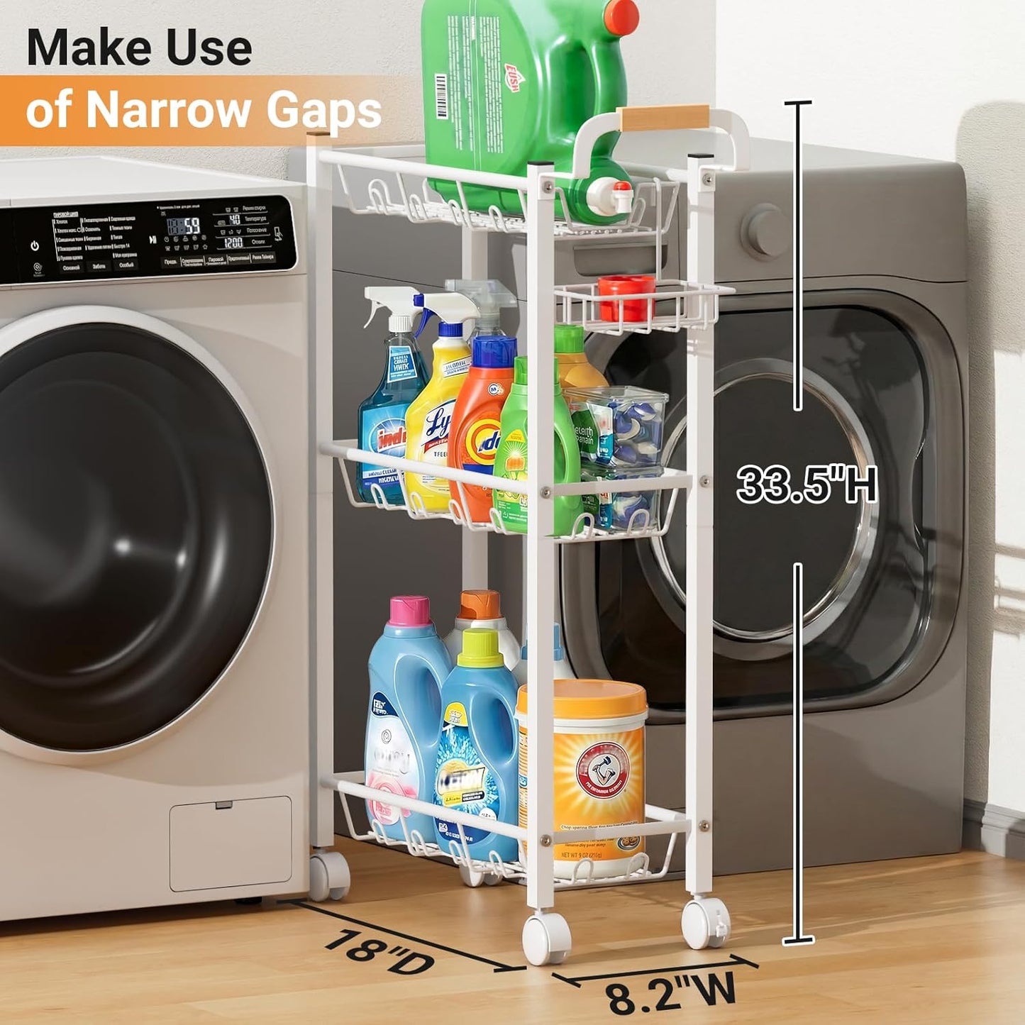 AOODA Laundry Room Cart with Top Detergent Holder, Metal Rolling Storage Cart Between Washer and Dryer, 3 Tier Narrow Laundry Room Organization and Storage with Wheels (White)