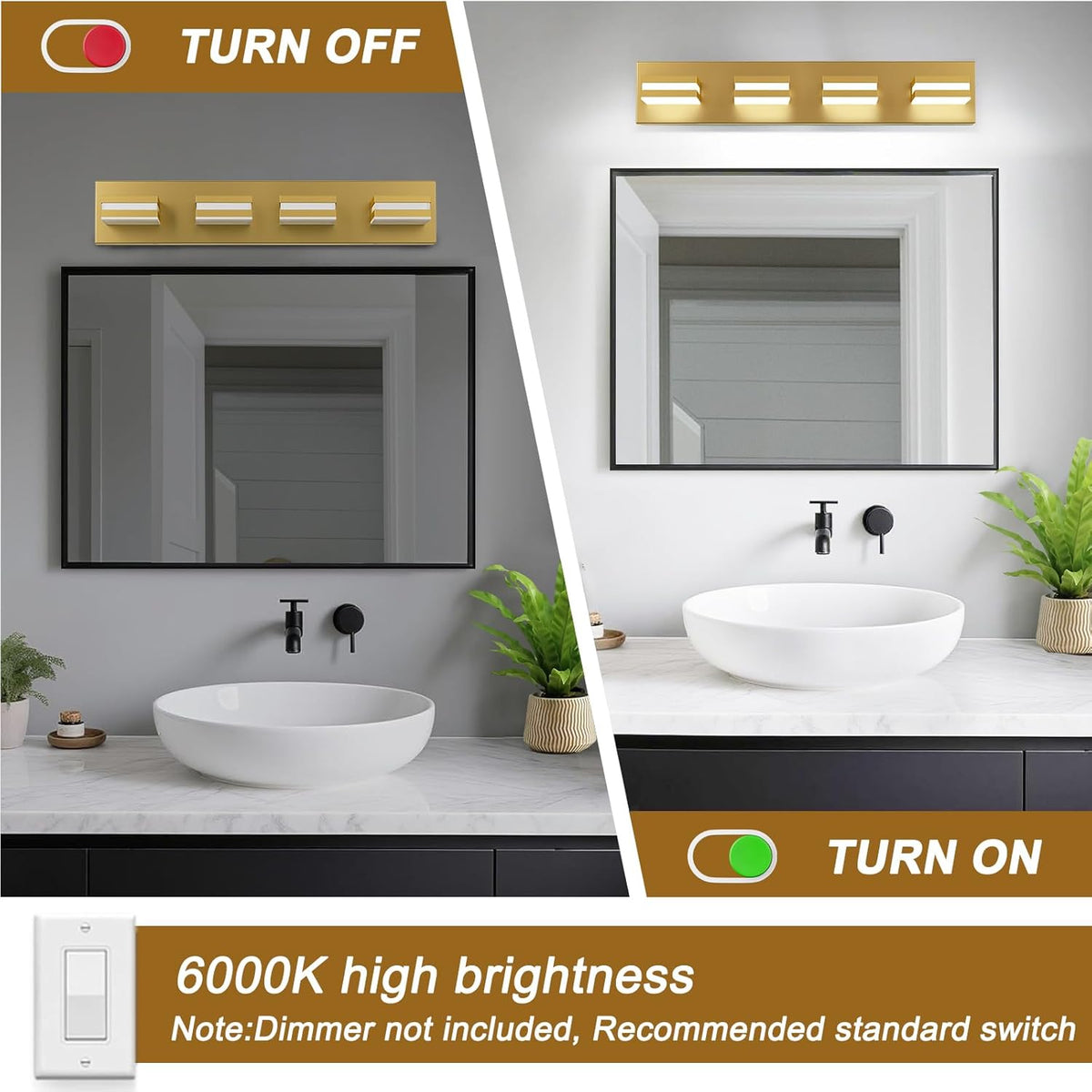 IZORRO LED Modern Bathroom Lights Fixtures(4-Light,Dimmable,360°Rotate),Brushed Glod Acrylic Wall Lighting,Vanity Lights for Bathroom Over Mirror - 6000k 24In （No Assembly Required）