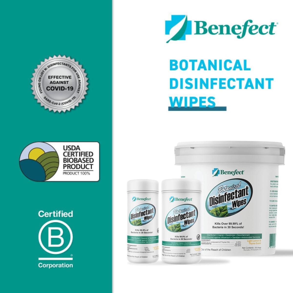 Benefect Botanical Disinfectant Wipes – 750 Sanitizing Wipes. 3 Pack of 250 Wipes Per Unit - High Traffic - Gym Wipes, Schools and Food Safe Cleaning (250, 3)