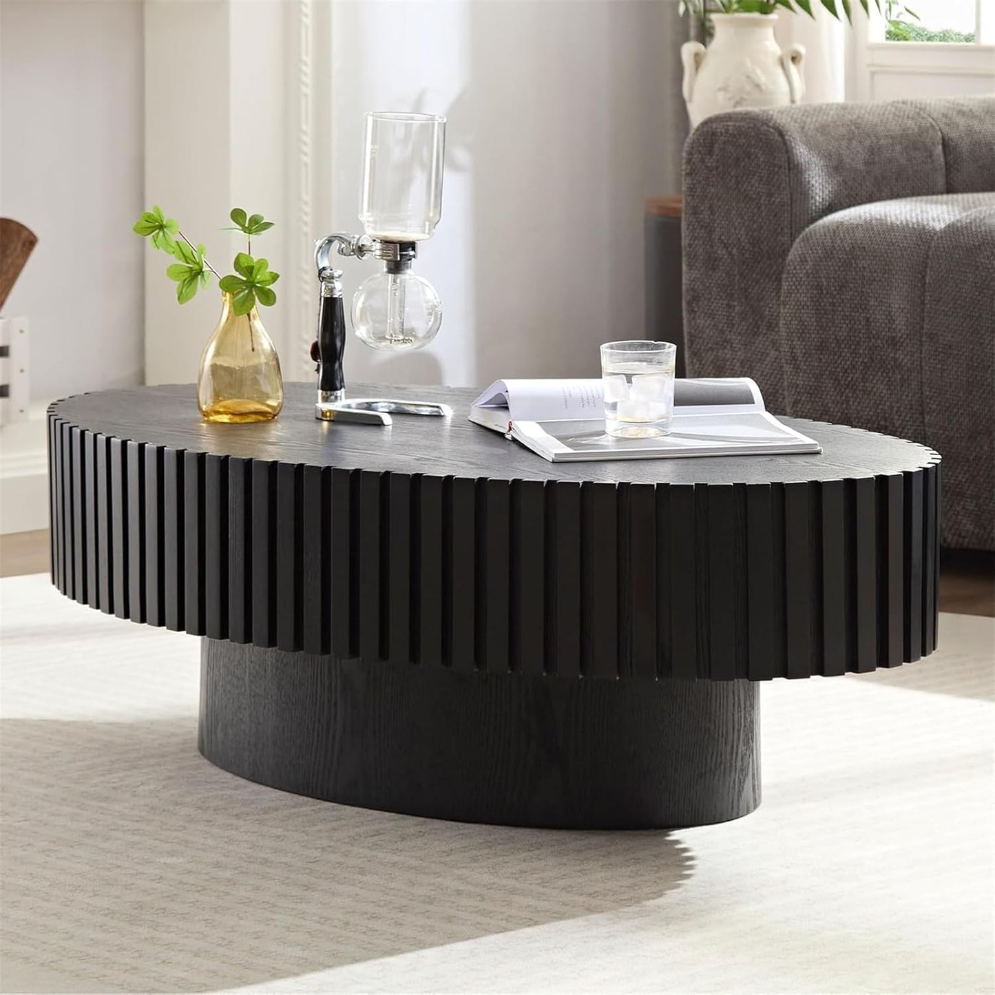 Handmade Oval Grooved Drum-Shaped Coffee Table (C Black 43in) | Rustic Modern Circular Centerpiece for Living Room & Farmhouse Decor, Easy to Clean