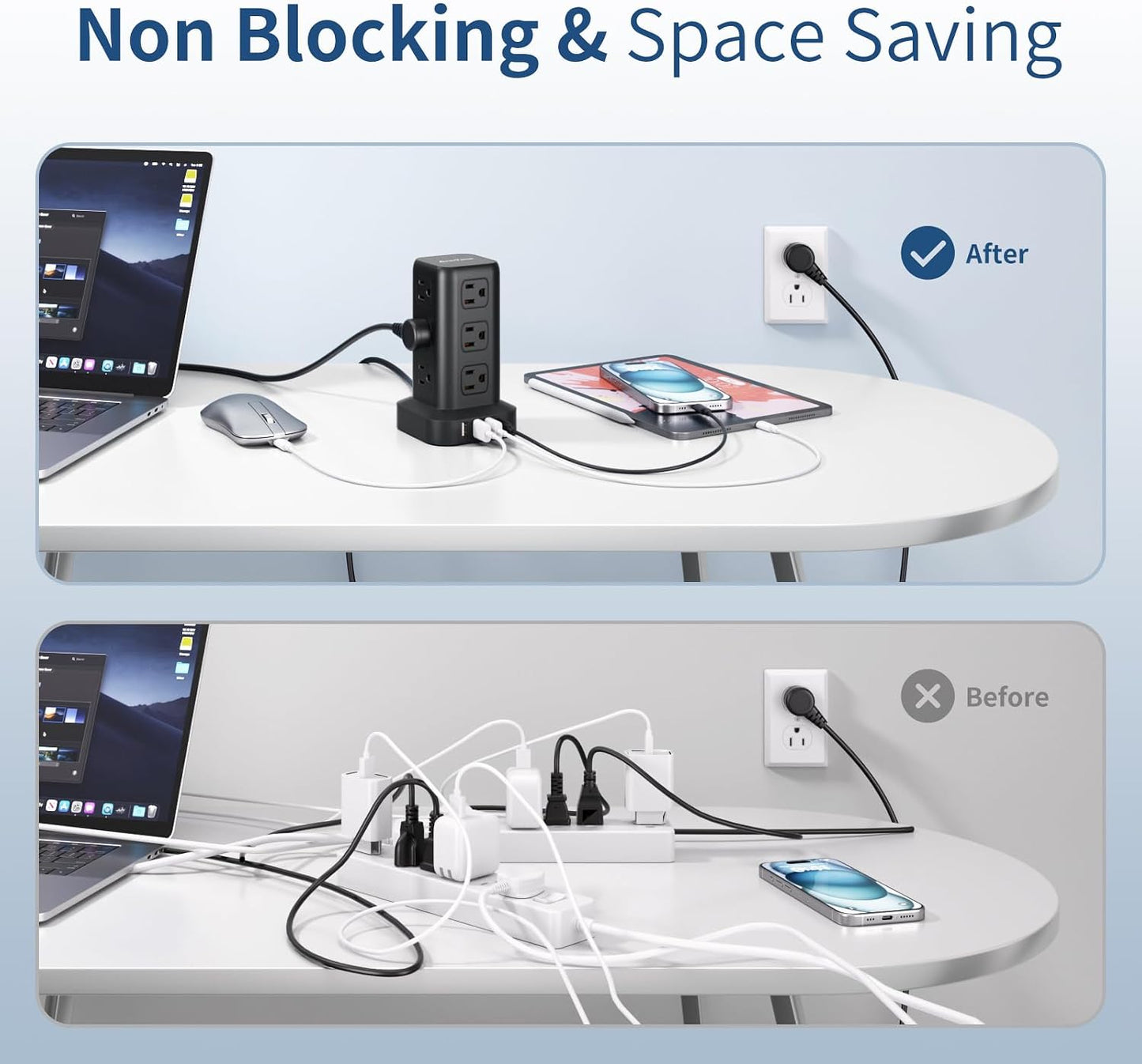AnnTane Power Strip 6.5 FT Cord, Power Strip Tower with 4 USB Ports (1USB C), Extension Cord with 12 AC Multiple Outlets, Home Office Supplies Desk Accessories, Dorm Room Essentials