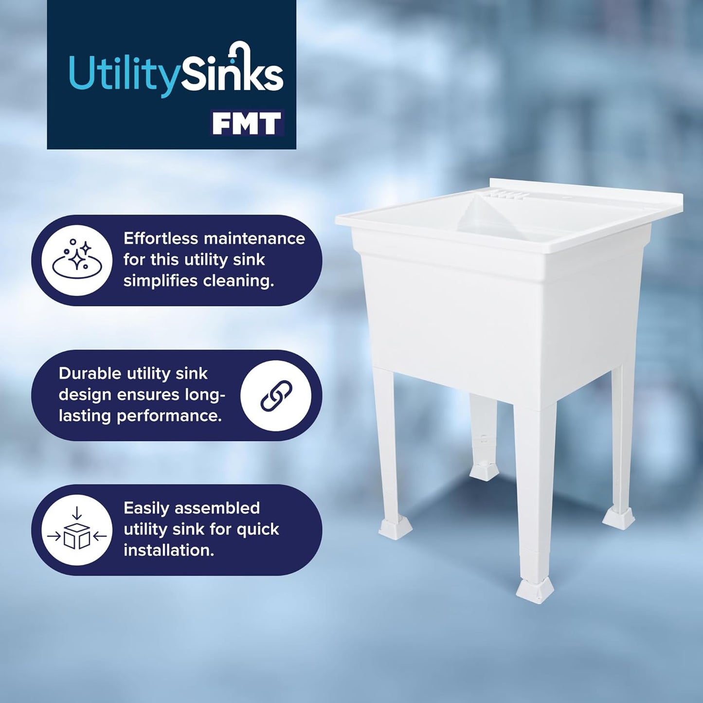Utility Sink Heavy Duty Freestanding Utility Tub Sink with Drain Plug, Adjustable Floor Levelers & 5 Step Installation Process, 24 x 24 Inches, White