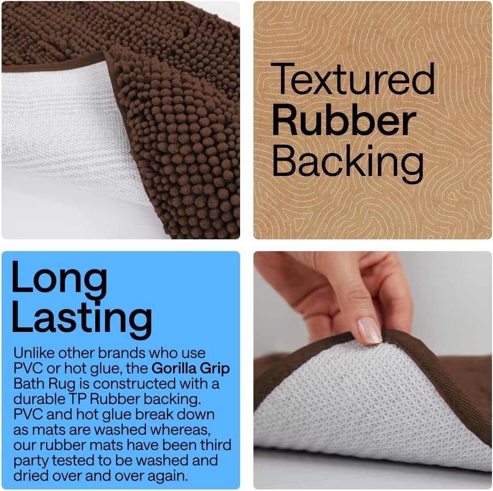 GORILLA GRIP Bath Rug Mat, Thick Soft Absorbent Chenille, Quick Dry Microfiber Mats, Rubber Backing Washable Shower Floor Rugs, US Designed Bathroom Bathmat Home Decor Accessories, 24x17, Brown