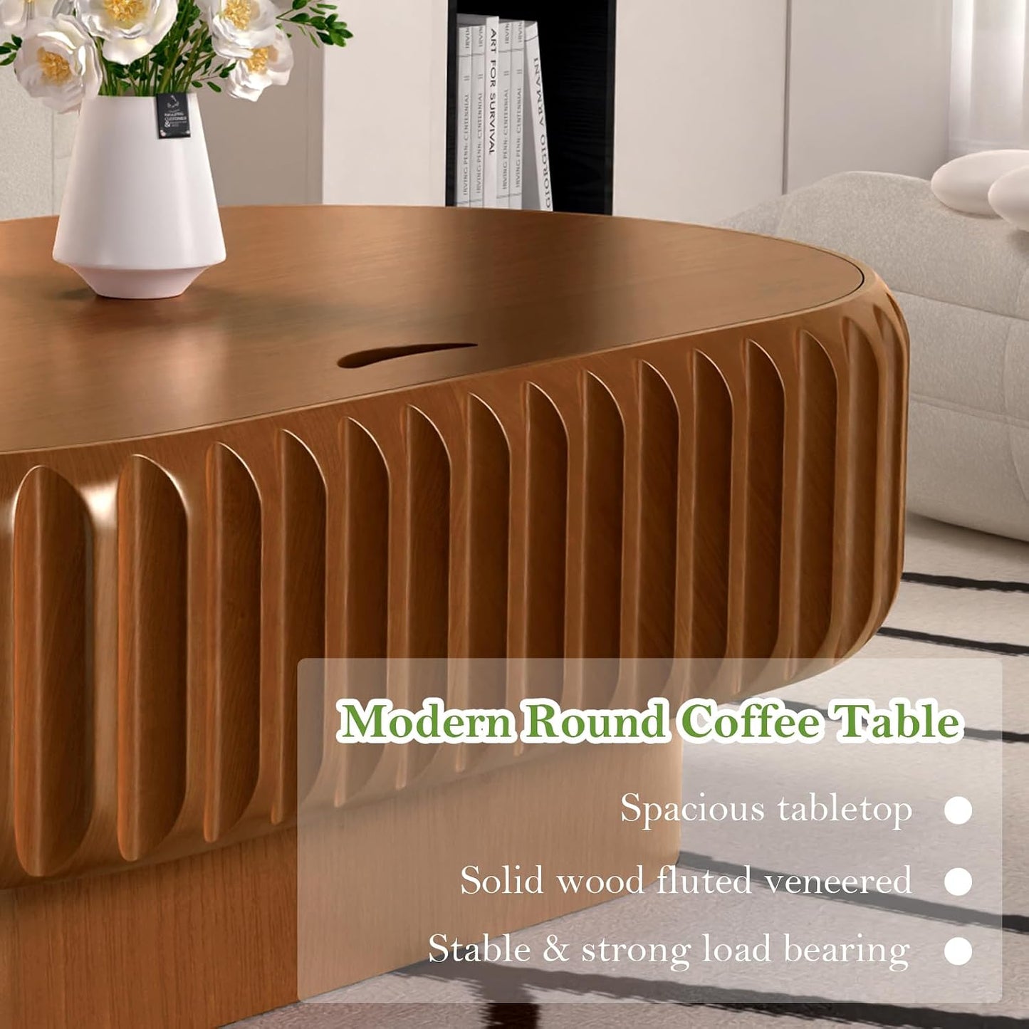 43.3" Oval Drum Coffee Table with Storage (C 43.3in) | Rustic Chic Fluted Center Table - Handcraft Solid Wood Veneer Edge for Living Room Farmhouse