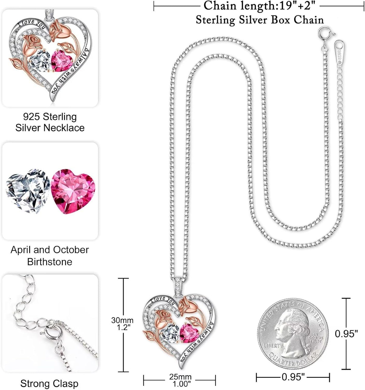 Iefil Birthstone Necklace for Women - Rose Heart Necklace