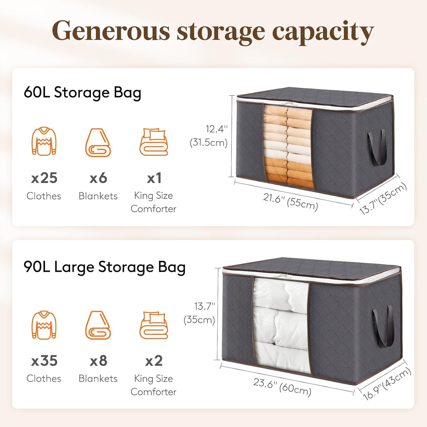 Lifewit 6 Pack Clothes Storage Bins with Lids, Foldable Blanket Storage Bags with Zippers, Clear Window and Reinforced Handles, Closet and Organization for Clothing, Sweater, Comforter, Bedding