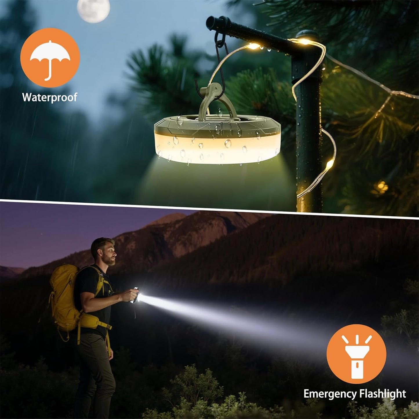 Camping String Lights, 4 in 1 Portable Camping Light Rechargeable, 8 Lighting Modes, USB Charging, Quick Storage, 32.8FT Waterproof Tent Lights String for Camping, Hiking, Yard, Christmas