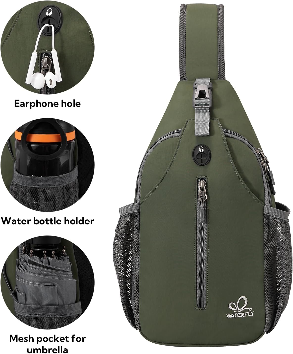 WATERFLY Crossbody Sling Backpack Sling Bag Travel Hiking Chest Bags Daypack (Dark Green)