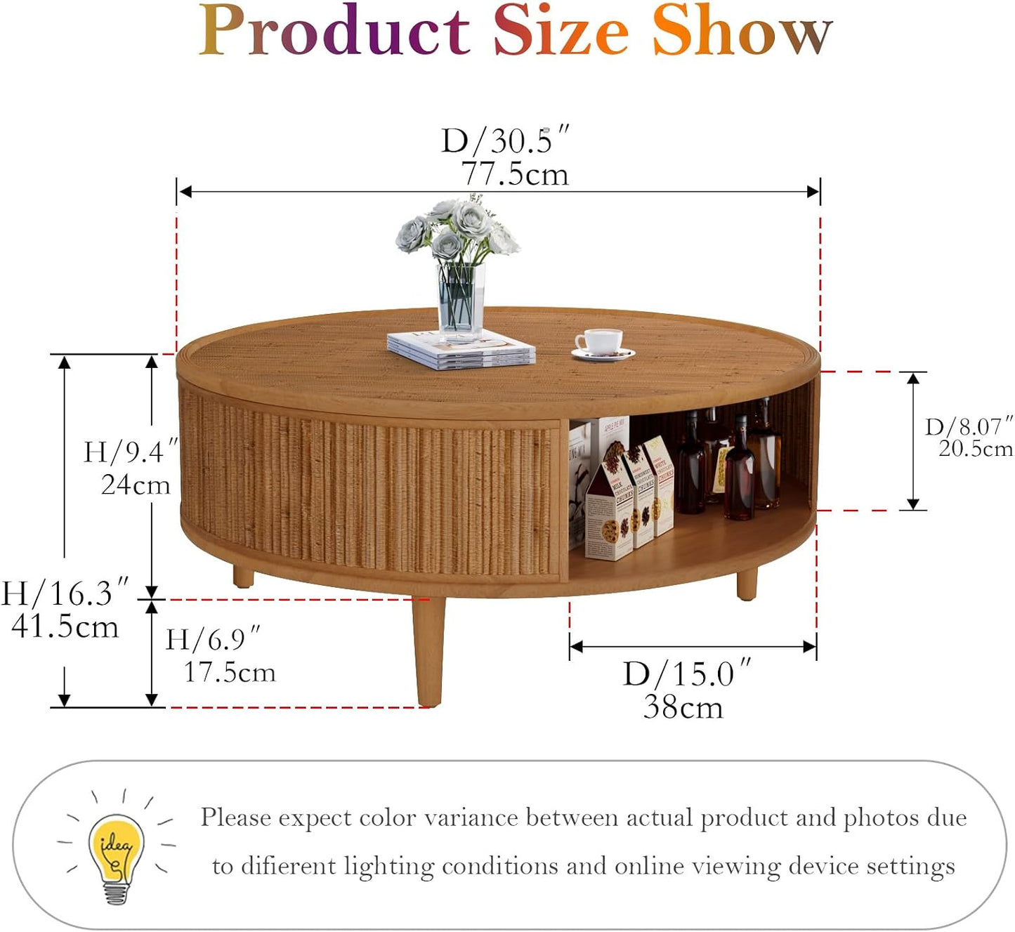Round Coffee Table with Opening Storage Space (H Bamboo Woven 30.5in) | Farmhouse Circle Center Table for Living Room Easy to Assemble & Maintain