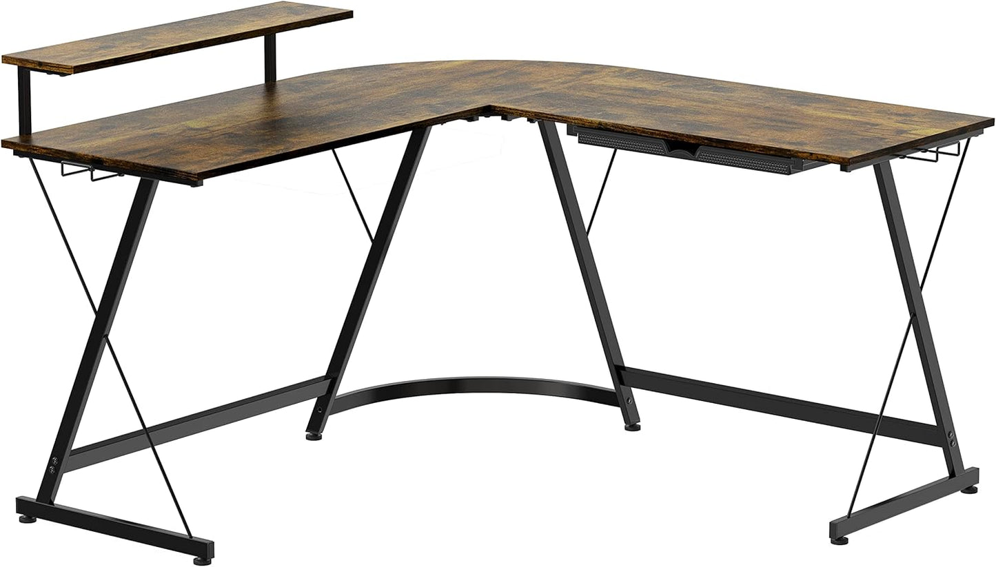 SHW 51 x 51 Inches Vista L-Shaped Desk with Monitor Stand and Drawer, Rustic Brown