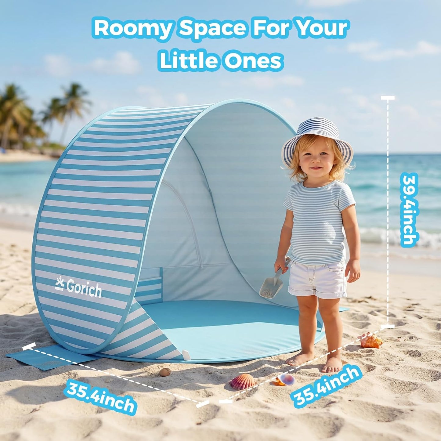 Gorich Pop Up Baby Beach Tent with UPF50+ UV Protection, Portable Toddler Sun Shelter with Mesh Ventilation, Lightweight & Foldable Play Shade Tent for Beach, Park & Backyard