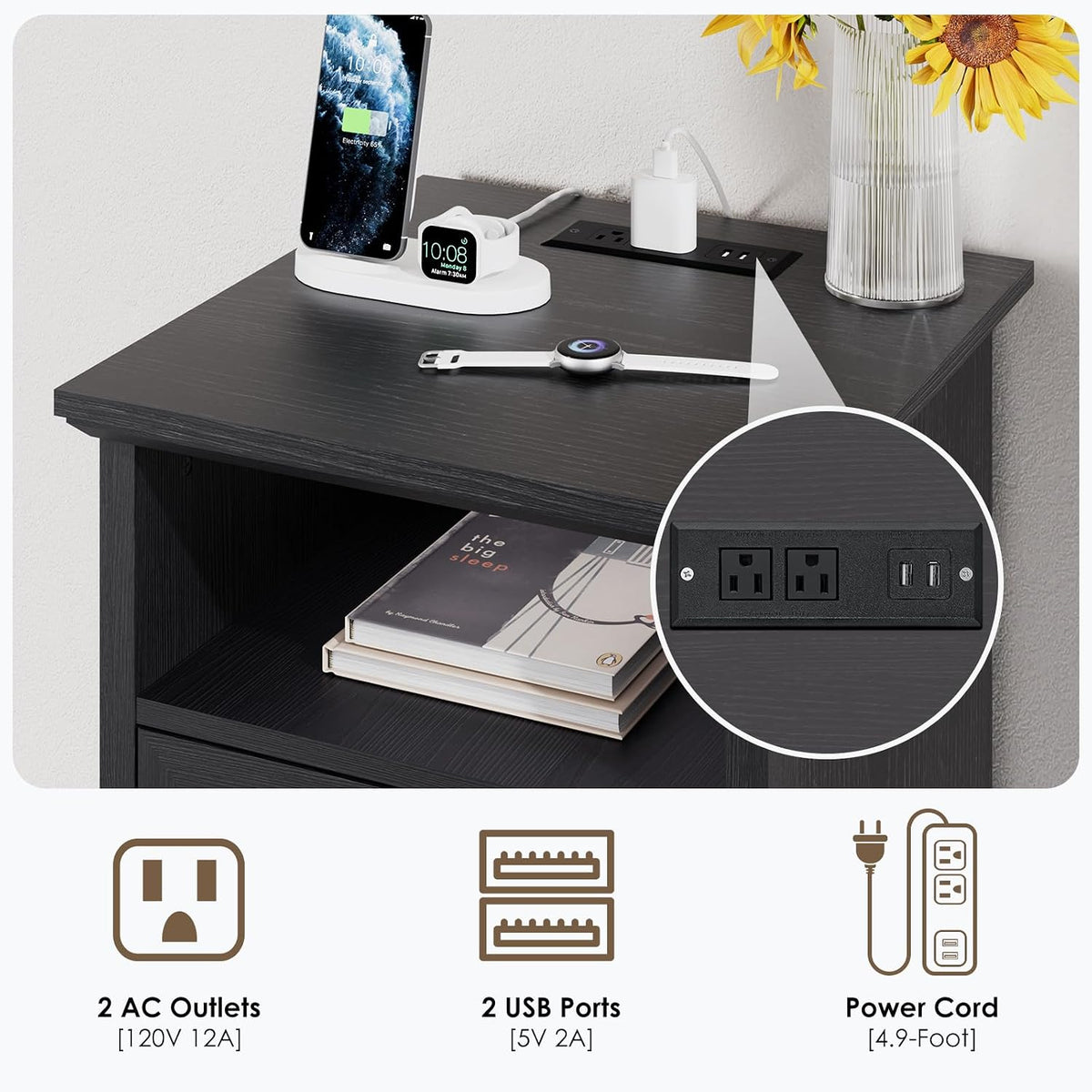 HOMMPA Farmhouse Nightstand w/Charging Station, Open Shelf 23.6''H Black