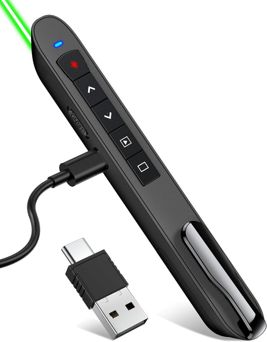 Green Light Presentation Clicker for Teachers – USB-C Rechargeable Wireless Presenter for PowerPoint/Keynote/Google Slides, Plug & Play Remote for Mac/Windows/Laptop