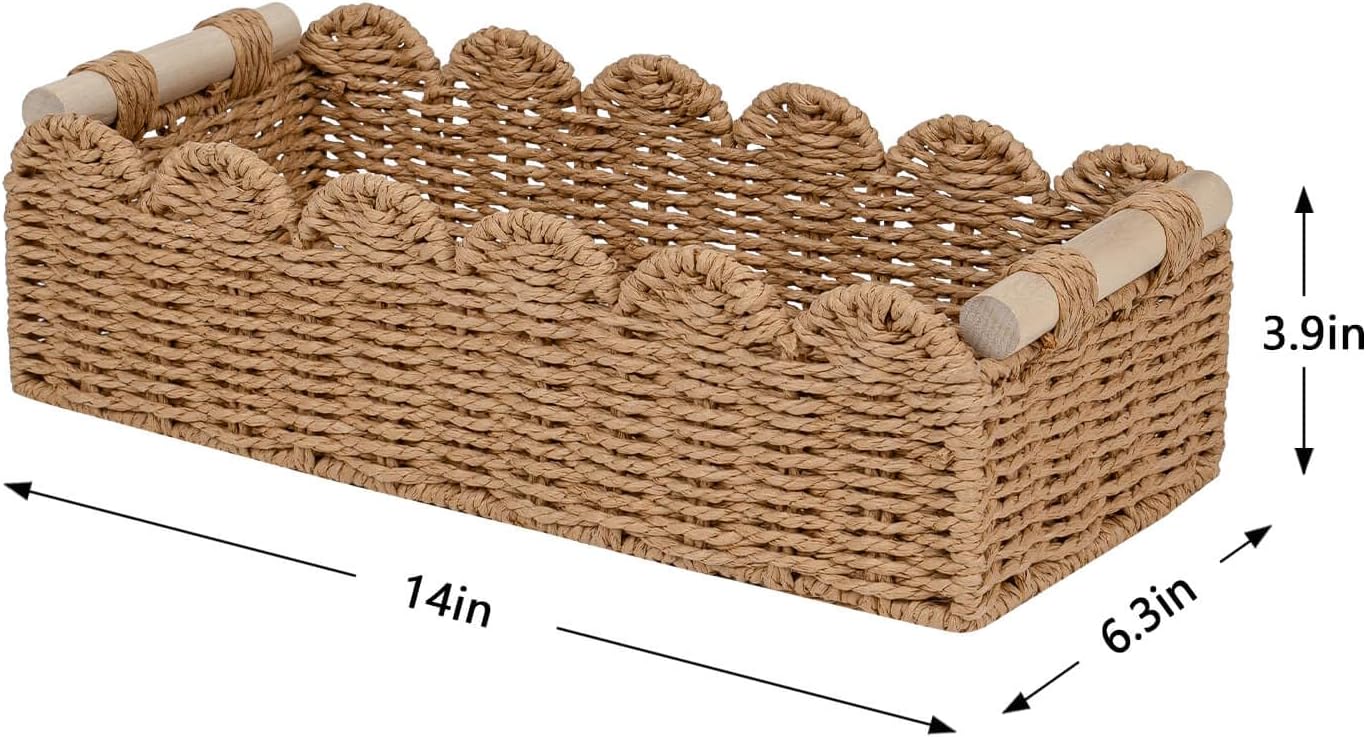 CubesLand Paper Rope Scalloped Edge Toilet Paper Storage Basket, Small Living Room, Bedroom Decor Baskets for Over Toilet Storage Shelf, End Table, Shelves and More, with 2 Wooden Handle, Neutral