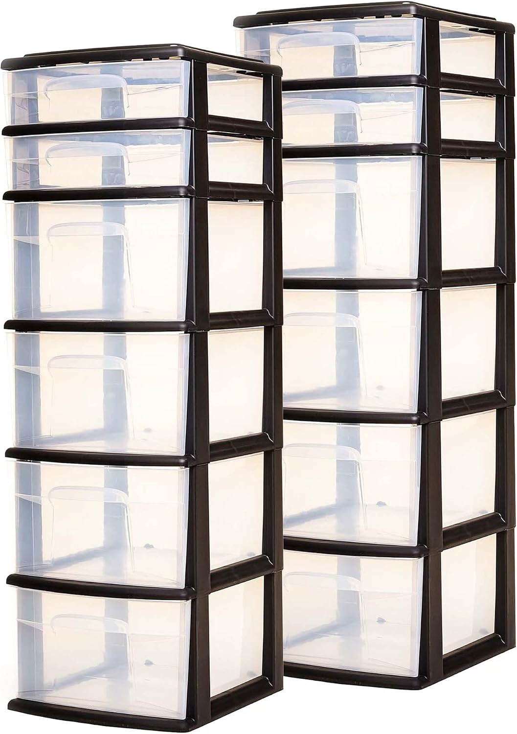 HOMZ 2-Pack Drawer Tower, 6-Tier Clear Plastic Storage Organizer Cart, Black Frame - Organizing Containers for Home, Office, Bathroom, Bedroom, and Classroom