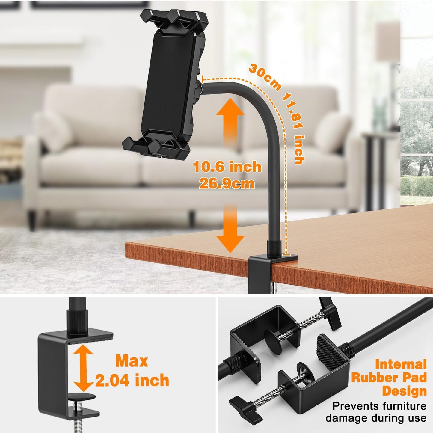 Tablet Stand Holder, Heavy Duty Gooseneck iPad Desk Mount with C-Clamp, Flexible Arm for Kitchen/Office/Video Recording, Shake-Free Stand for 4.7-13.5" Tablet/Phone,