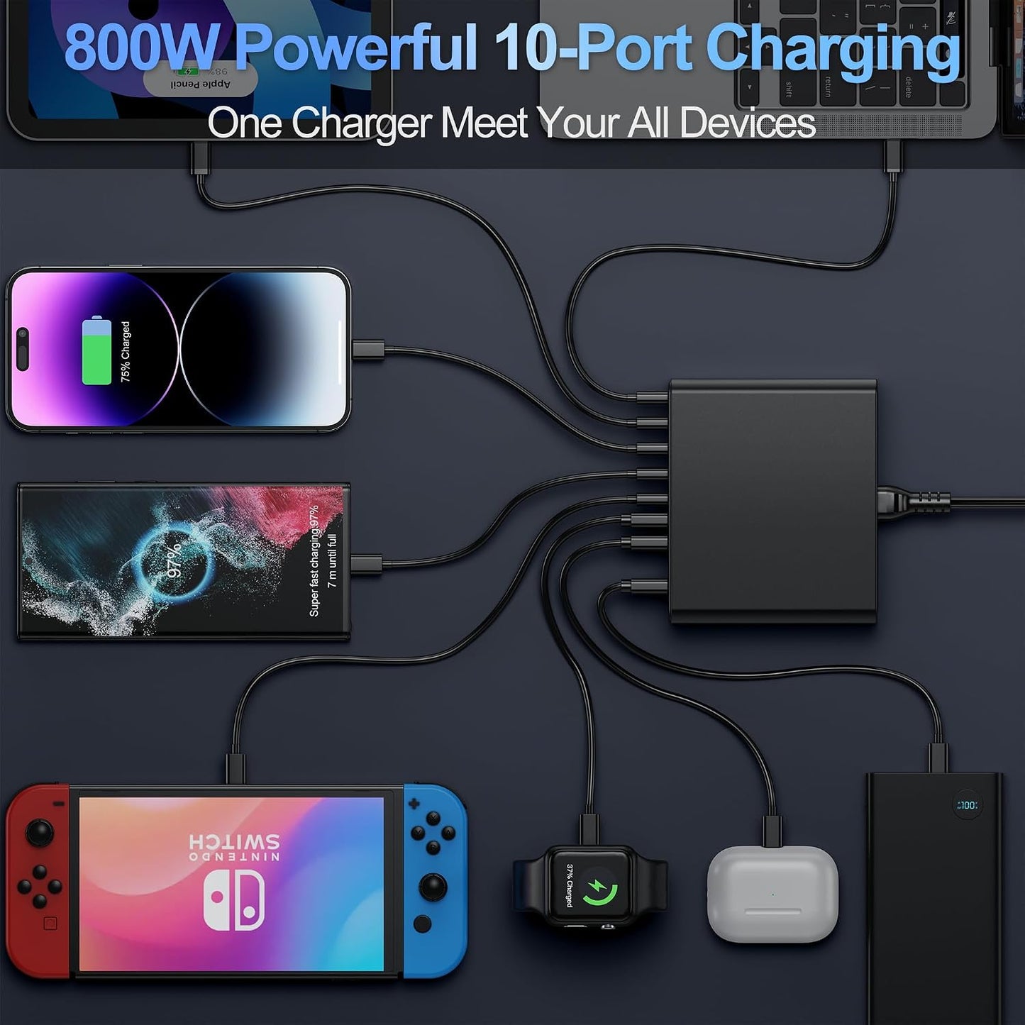 800W USB C Charger Block,10-Port GaN Charging Station | Aexhend Fast Charging Type C & USB A Wall Charger Adapter for MacBook Pro/Air,iPhone,iPad,Dell XPS, Galaxy (Bright Black)