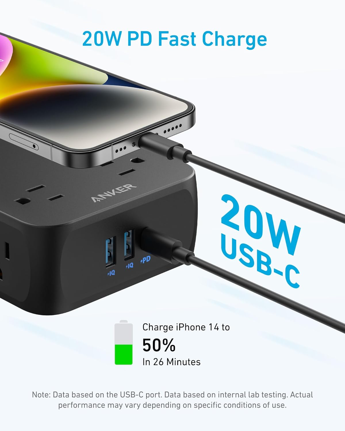 Anker Power Strip with 2000J Surge Protector, Flat Plug Extension Cord with Multiple Outlets, 8 AC, 2 USB A & 1 USB C Port for 20W, 5ft Outlet Extender, Dorm Room Essentials, Home Office, TUV Listed