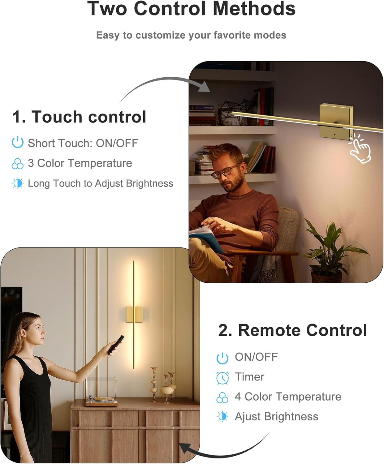 Battery Powered Wall Sconce Set of Two: Gold Wireless Rechargeable Wall Lights with Touch and Remote Control, 360°Rotatable 4CCT Dimmable Cordless Scone Lighting Decor for TV Wall Bedroom Bathroom