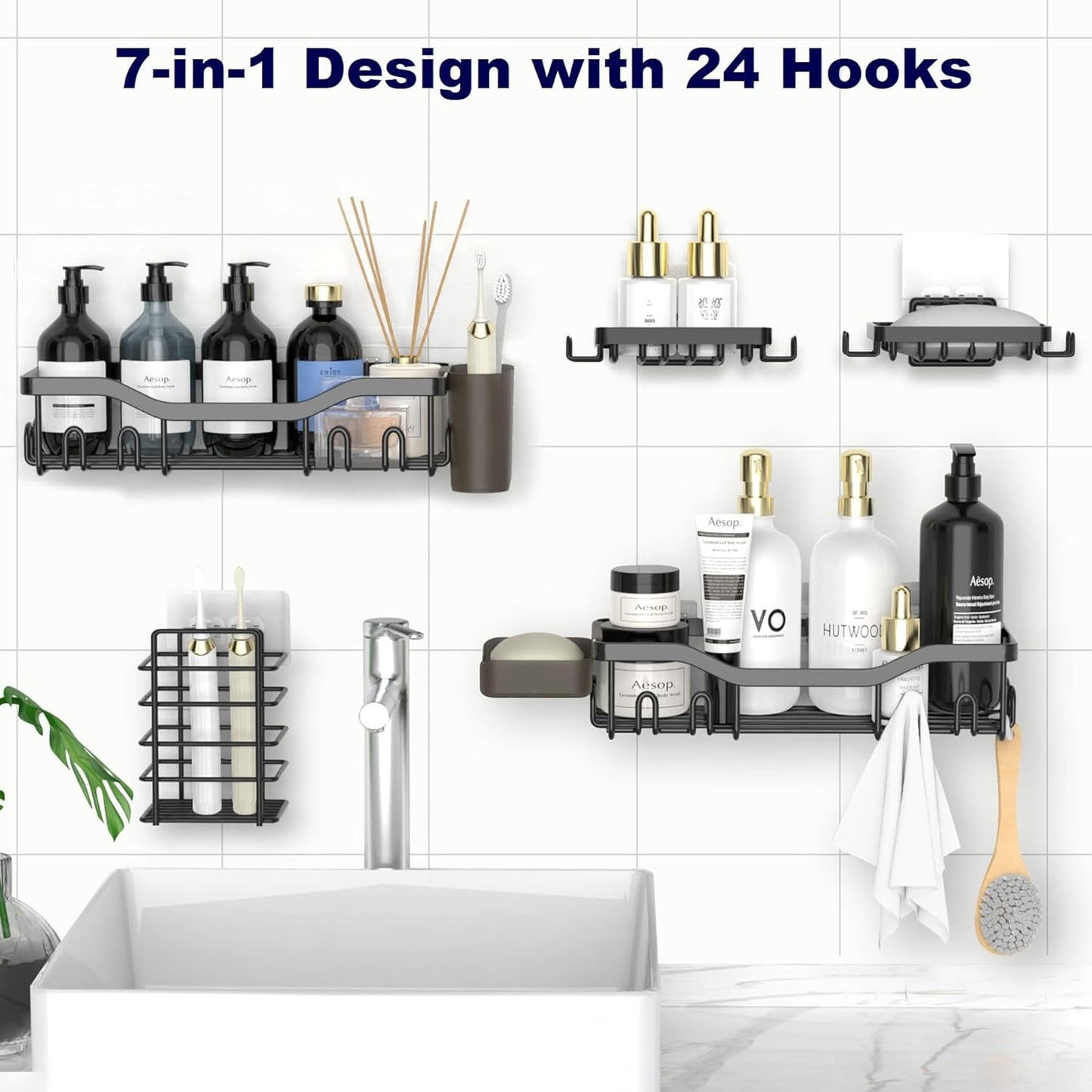 NESOMI Shower Caddy Adhesive Shower Organizer 7-Pack, Rustproof Stainless Steel Bathroom Shelves, Large Capacity No-Drill Rack Storage Accessories with Soap Dish Toothbrush Holder &24 Hooks Home Decor
