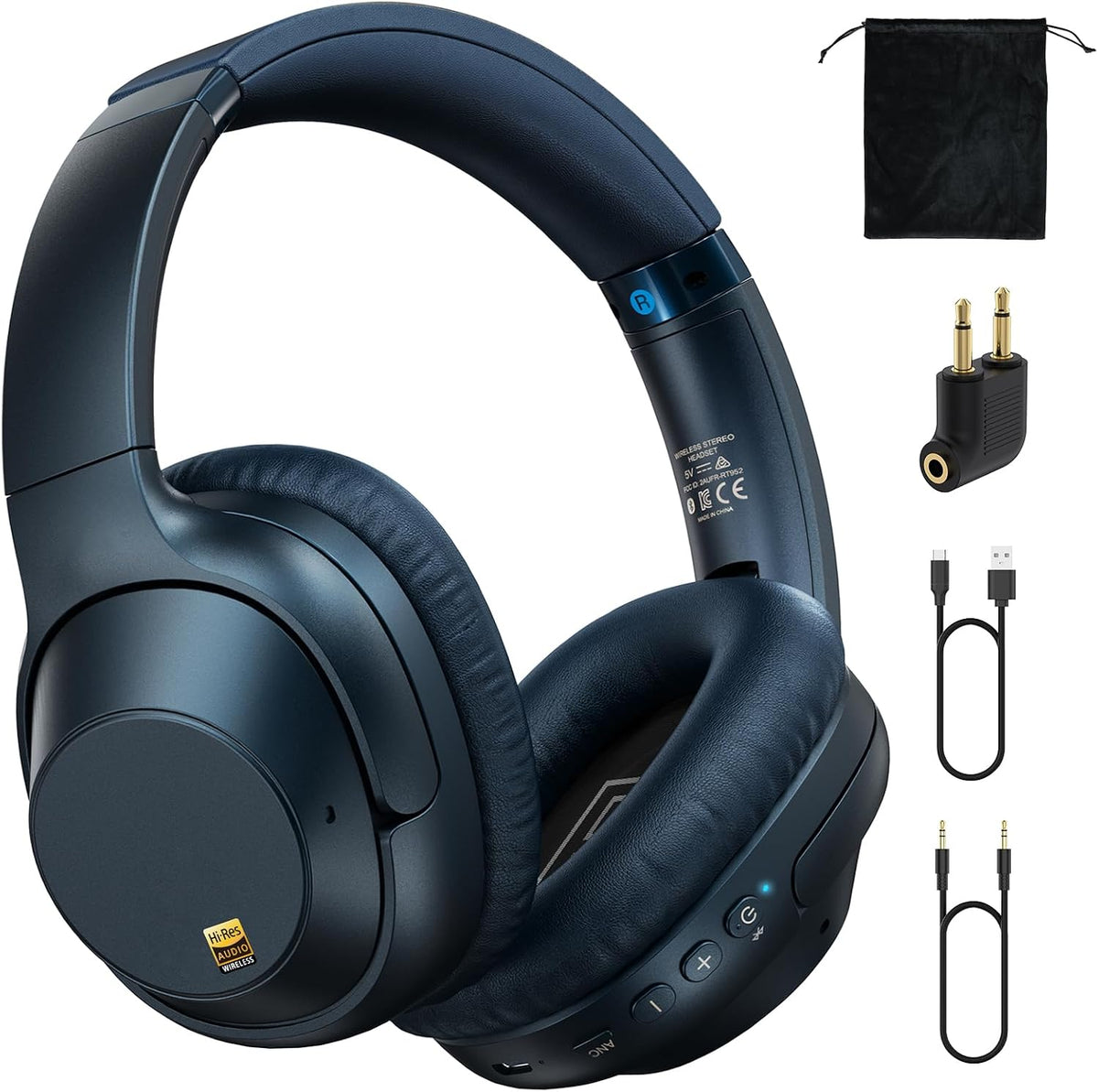 Bluetooth 6.0 Active Noise Cancelling Headphones for Airplane Travel, Blue