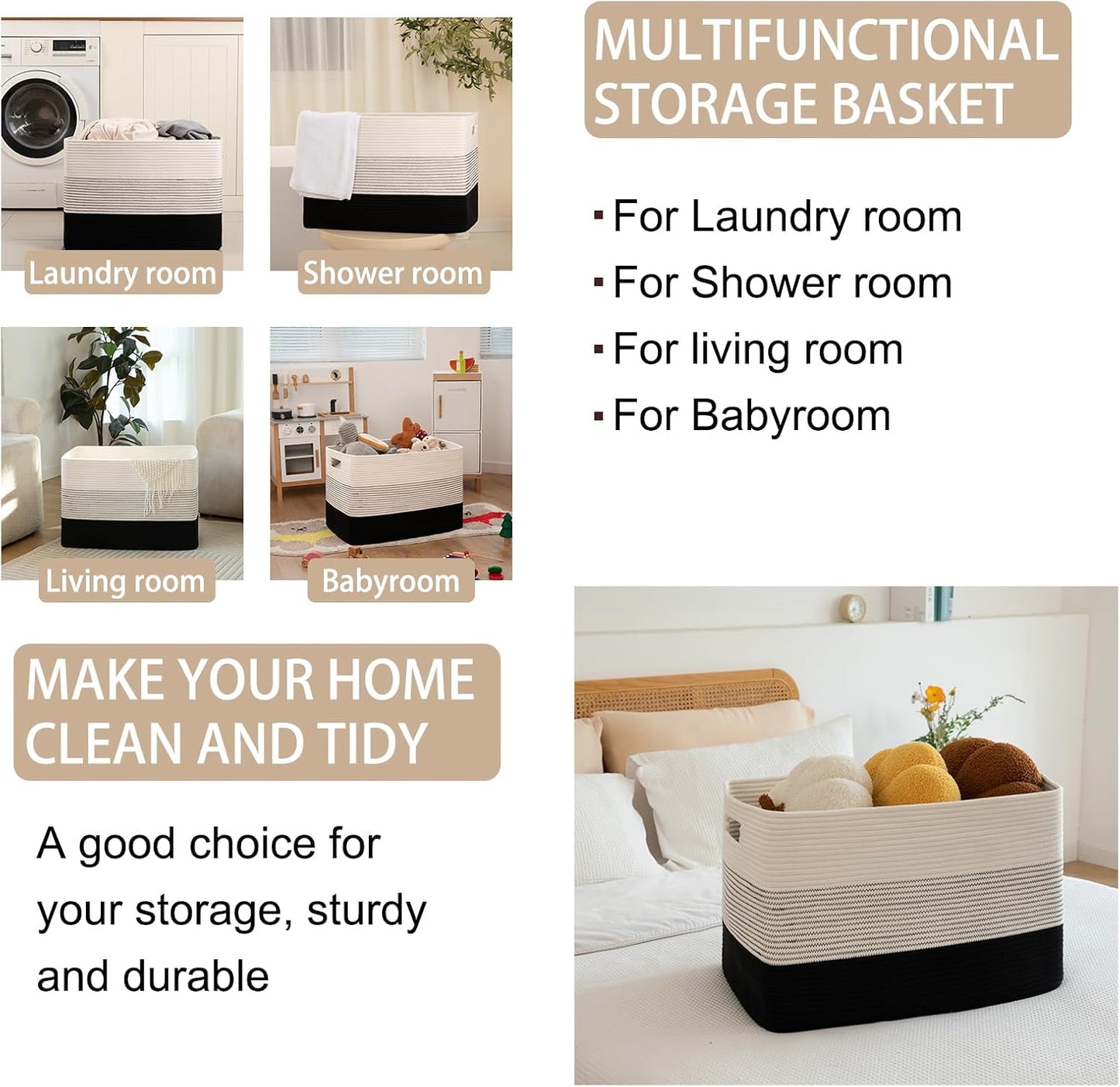 OIAHOMY Blanket Basket Laundry Basket Dog Toy Basket 108L Gradient Black | Large Storage Basket,Baby Basket,Toy Storage,Woven Rope Basket for Blankets,Blanket Storage for Living Room
