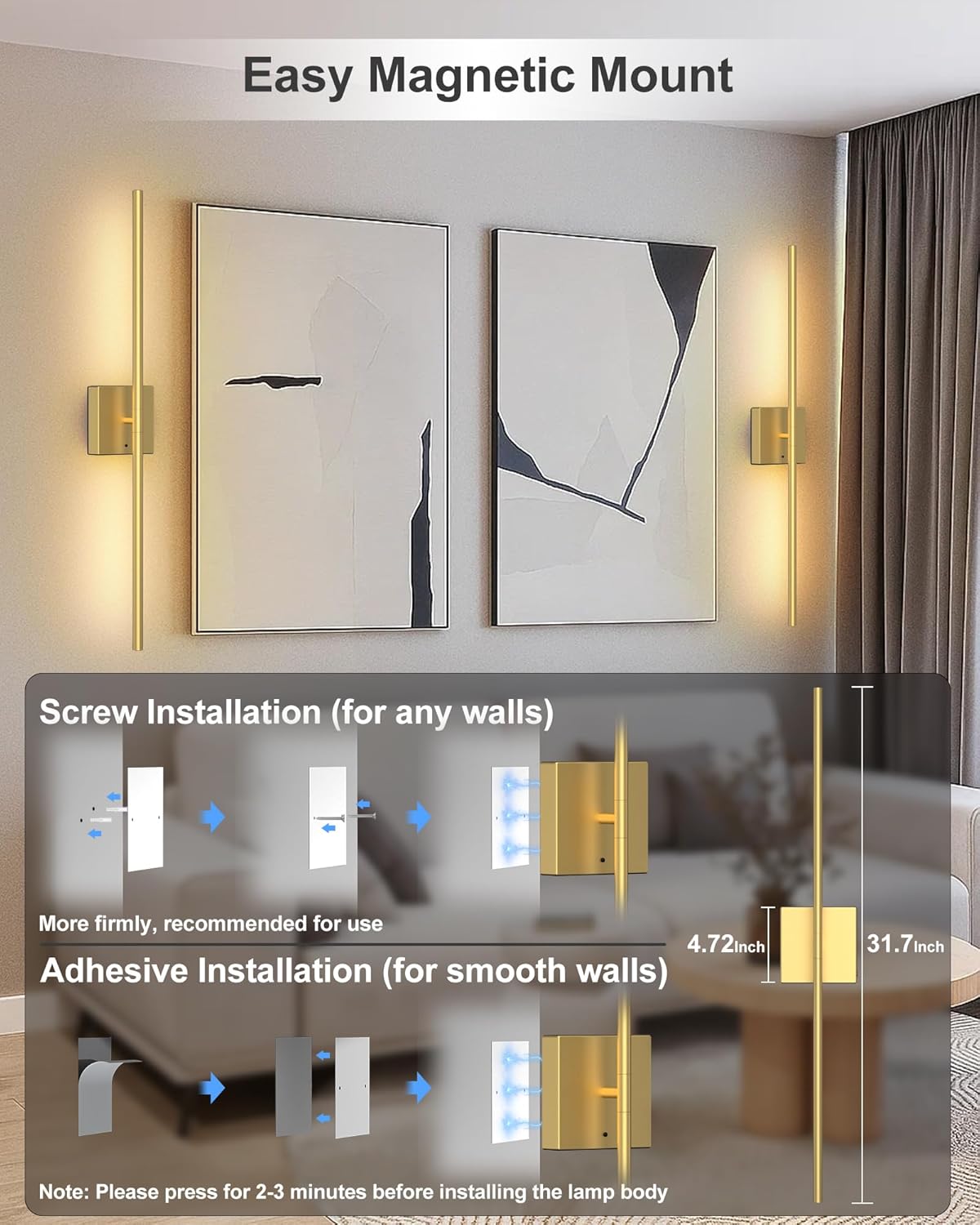 Battery Powered Wall Sconce Set of Two: Gold Wireless Rechargeable Wall Lights with Touch and Remote Control, 360°Rotatable 4CCT Dimmable Cordless Scone Lighting Decor for TV Wall Bedroom Bathroom