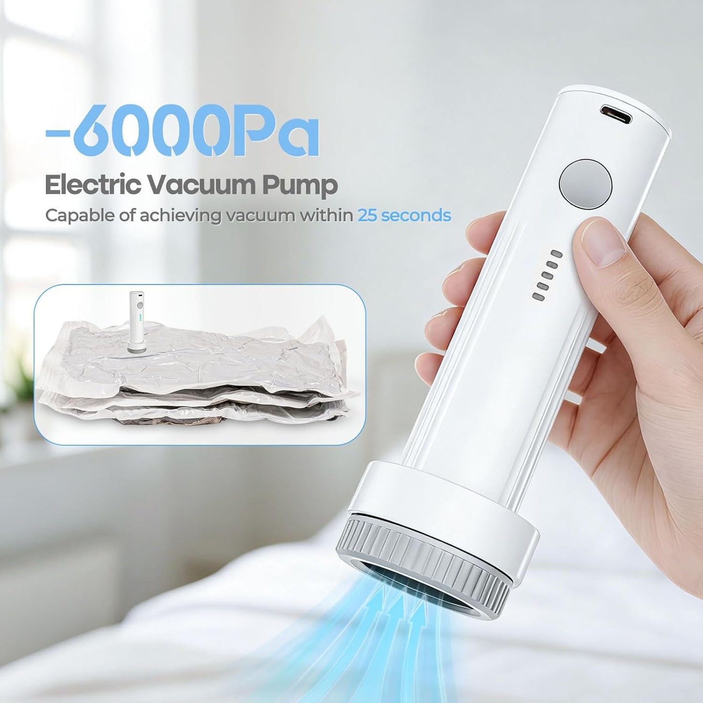 HOMOH Cordless Electric Vacuum Pump for Storage Bags, Portable Type-C Charging Travel Vacuum Bags with Pump for Clothing, Vacuum Storage Bags