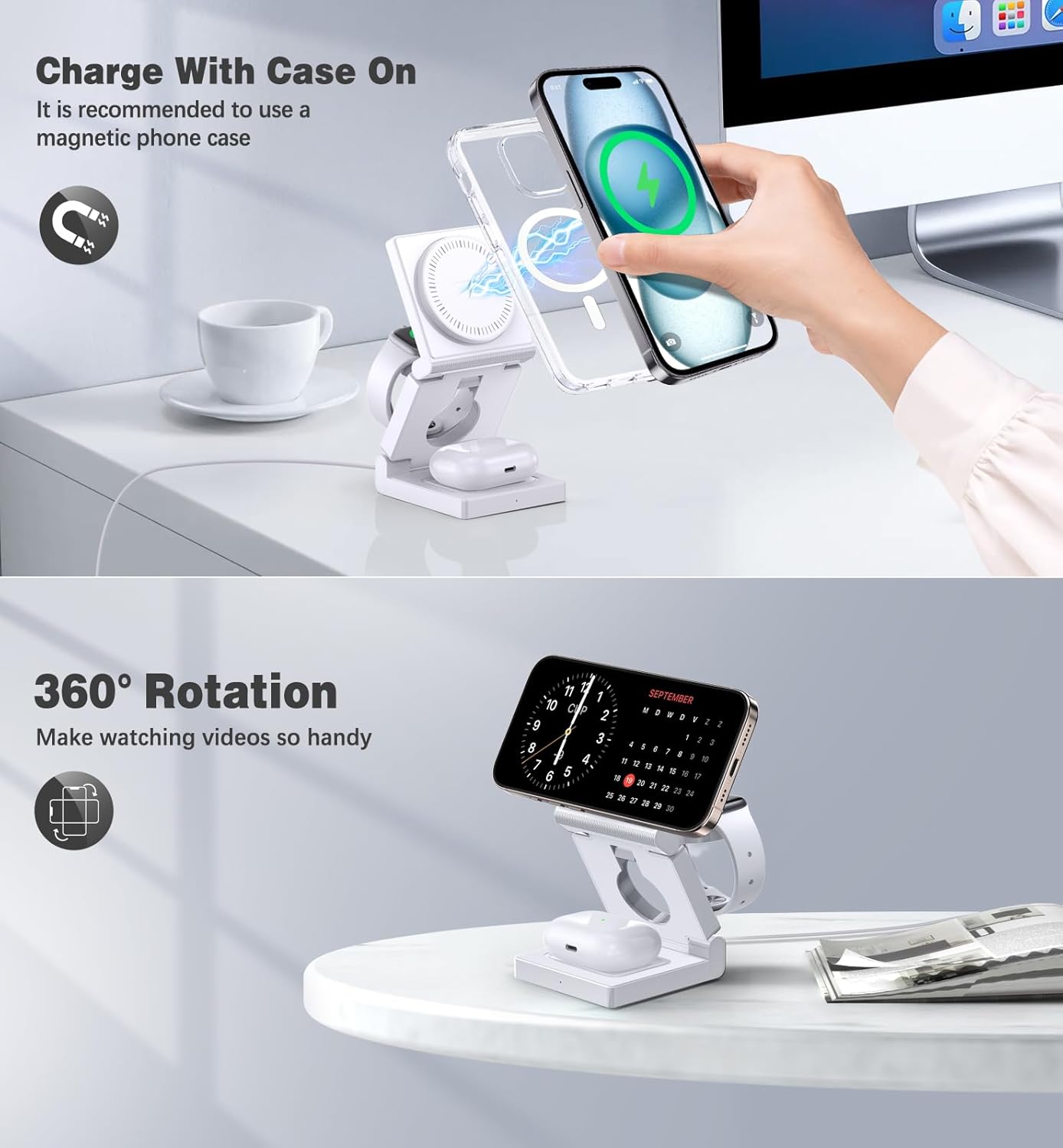 3 in 1 Wireless Charging Station for Apple Multple Devices - Foldable Magnetic Wireless Charger Dock -Travel 18W Charging Pad for iPhone 17 16 15 14 13 12 Pro/Pro Max/Plus/Watch & Airpods All Series