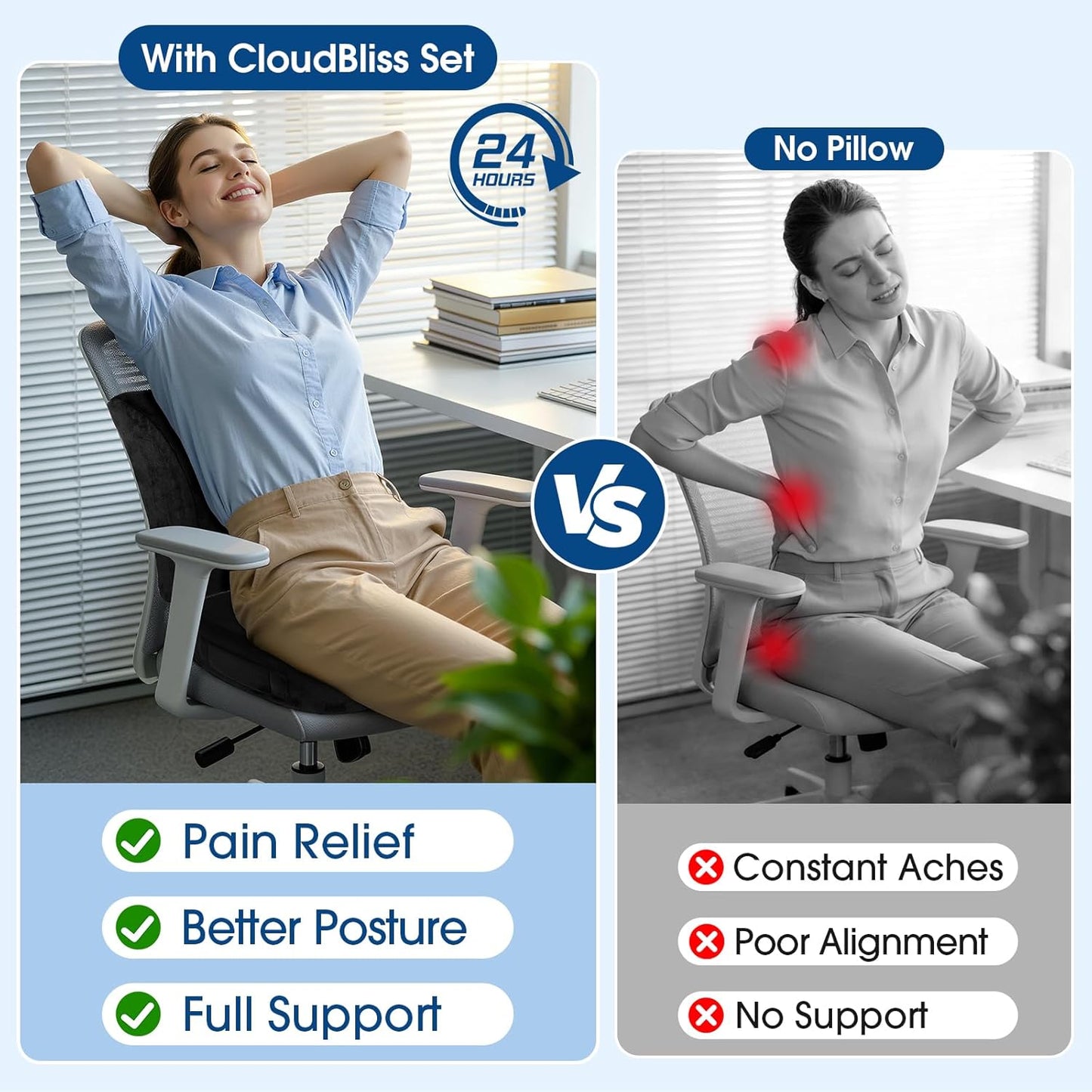 CloudBliss Lumbar Support Pillow & Seat Cushion Set for Office Chair, Desk Chair, Wheelchair & Car – Memory Foam Back Support, Ergonomic Chair Cushions, Sciatica Pain Relief, Home Essentials, Black