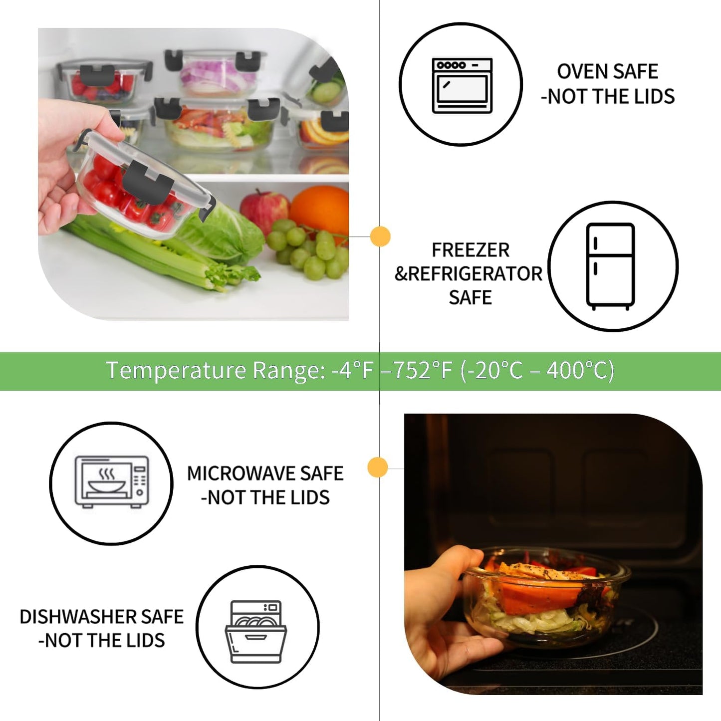 HOMBERKING 18 Piece Glass Food Storage Containers with Lids, Glass Meal Prep Containers, Airtight Lunch Bento Boxes, BPA-Free & Leak Proof, Oven, Freezer and Dishwasher Safe (9 lids & 9 Containers)