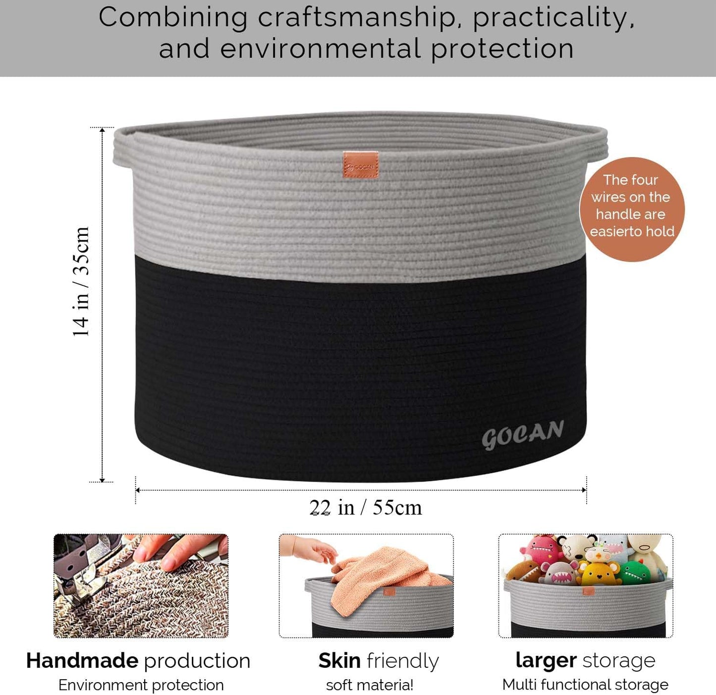 Cotton Rope Woven Laundry Basket 22"X 22"X 14" with handles(Black-Grey)XXXL | Hand-woven, ideal for storing blankets and cushions in the living room, and clothes for household storage.