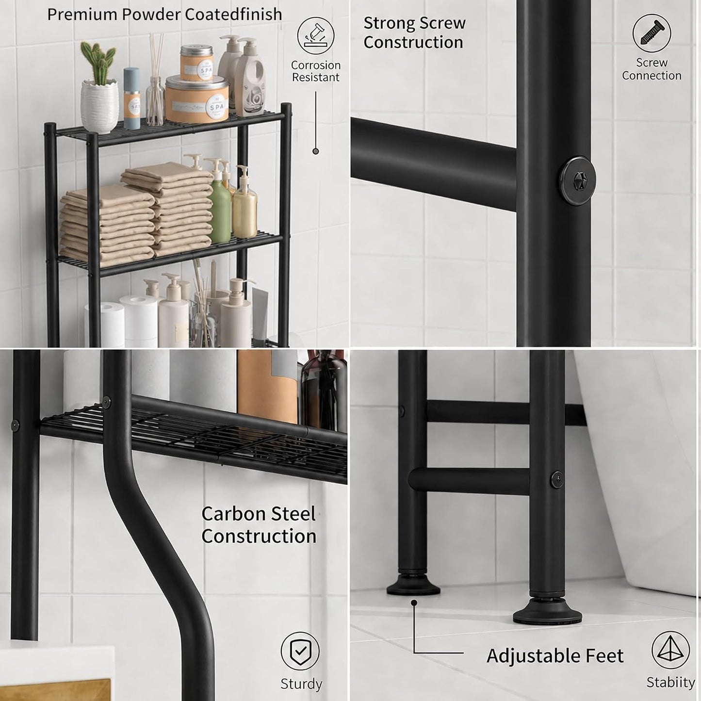 GloTika 3-Tier Over Toilet Storage with Anti-Tilt Safety System - 150lb Total Capacity Metal Bathroom Shelves Including Paper Holder & 4 Hooks, Space Saving Above Commode Organizer (64" H, Black)