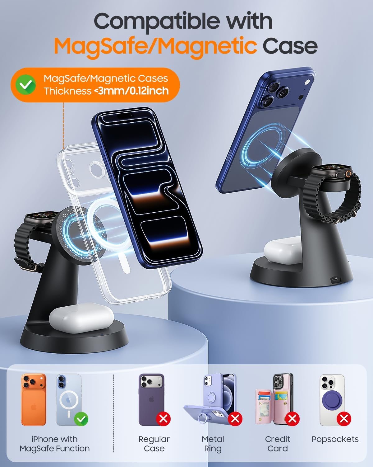 Meifigno 3 in 1 Magnetic 15W Charging Station for Apple Multiple Devices | Wireless Charger Design for MagSafe, for iPhone 17-12 Series, Watch Charger Stand for Apple Watches & Airpods, with Adapter
