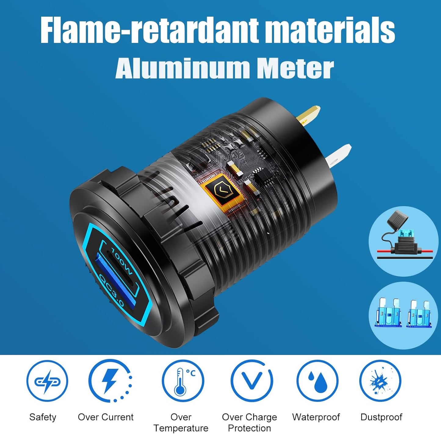 12V USB Outlet PD 100W USB C and QC3.0 18W Port Aluminum Car Charger Socket for Laptops Tablets Phones, Cigarette Lighter Replacement Car Accessories DIY for RV Camper Truck Boat Golf