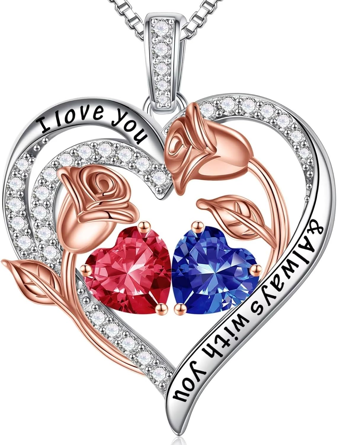 Iefil Birthstone Necklace for Women - Rose Heart Necklace