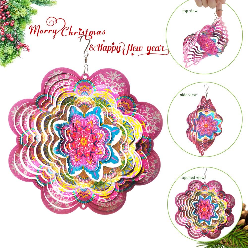 FONMY Wind Spinner 3D Stainless Steel by Laser Cut Indoor/Outdoor Garden Decoration Crafts Ornaments Kinetic Yard Art Decorations 6 inches Pink Flower Mandala Wind Spinners