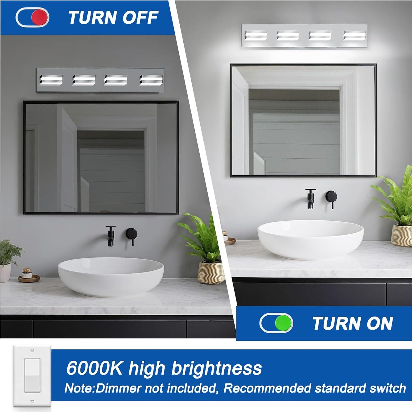 IZORRO LED Modern Bathroom Lights Fixtures(4-Light,Dimmable,360°Rotate),Chrome Acrylic Wall Lighting,Vanity Lights for Bathroom Over Mirror - 6000k 24In （No Assembly Required）
