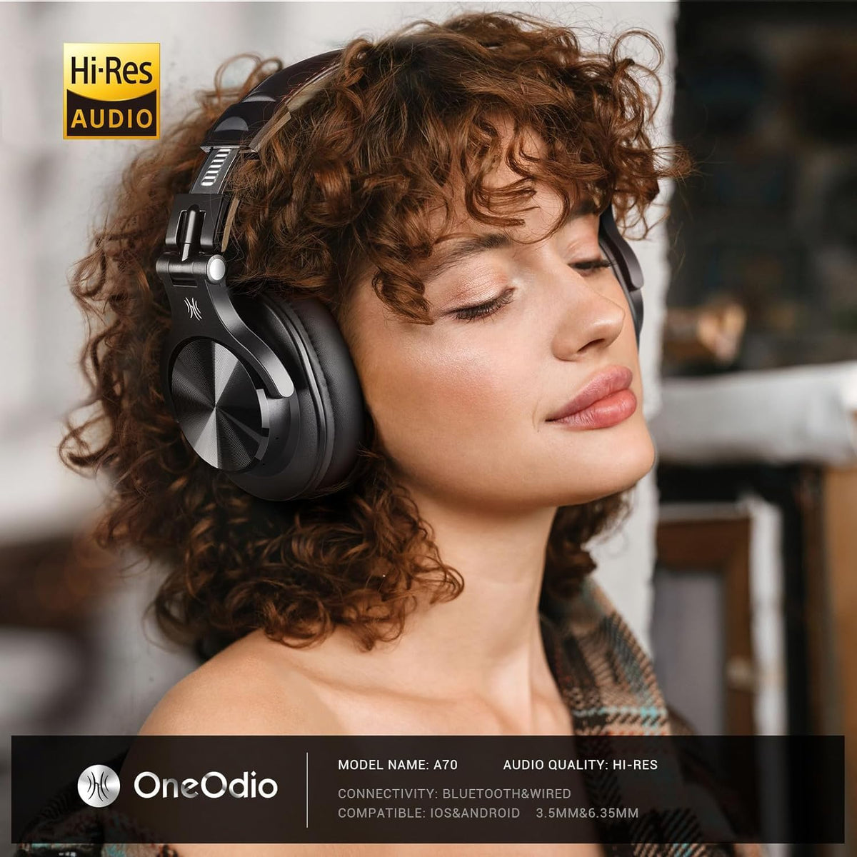 OneOdio A70 Bluetooth Over-Ear Headphones, Hi-Res Wired DJ Studio - Black
