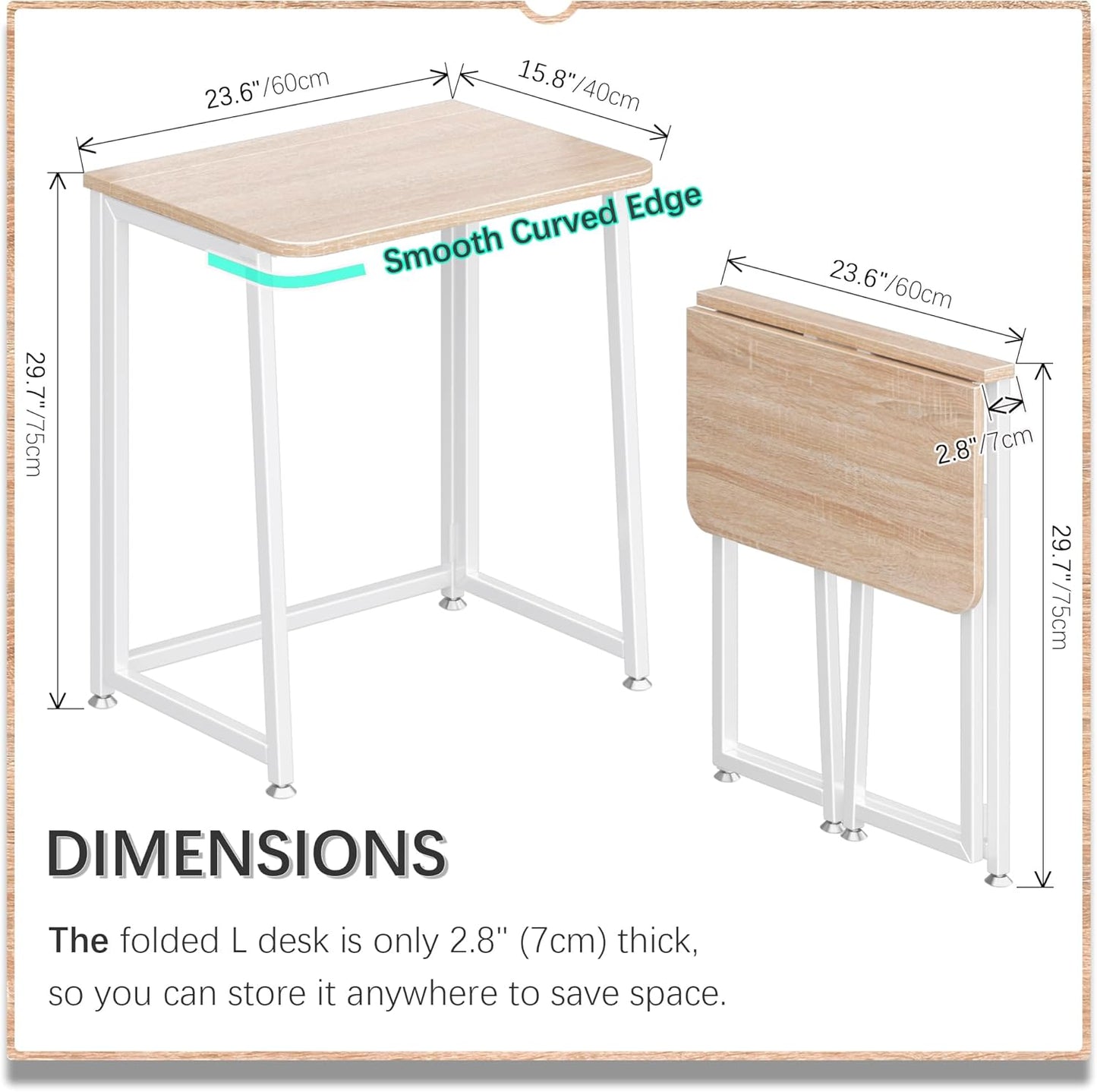 4NM 23.6" Mobile Small Folding Desk, Foldable Rolling Computer Home Office Desk, Study Writing Table for Small Space Saving Bedroom, with Wheels - Natural and White
