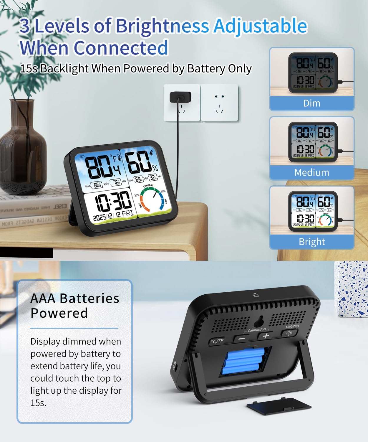 VOCOO Digital Indoor Room Thermometer - 5.8'' Extra Large Display Temperature Humidity Sensor with Accurate Temp Humidity Gauge Monitor, Calibration, Max & Min Records, Comfort, Backlit, Date & Clock
