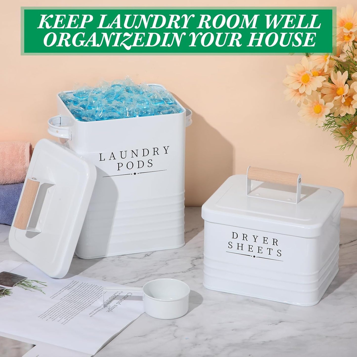 Yaocom 2 Pcs Laundry Pod Container with Dryer Sheet Holder Farmhouse Laundry Room Decor Organization and Storage Detergent Container Box with Lid Handle Metal Dryer Sheet Dispenser(White)