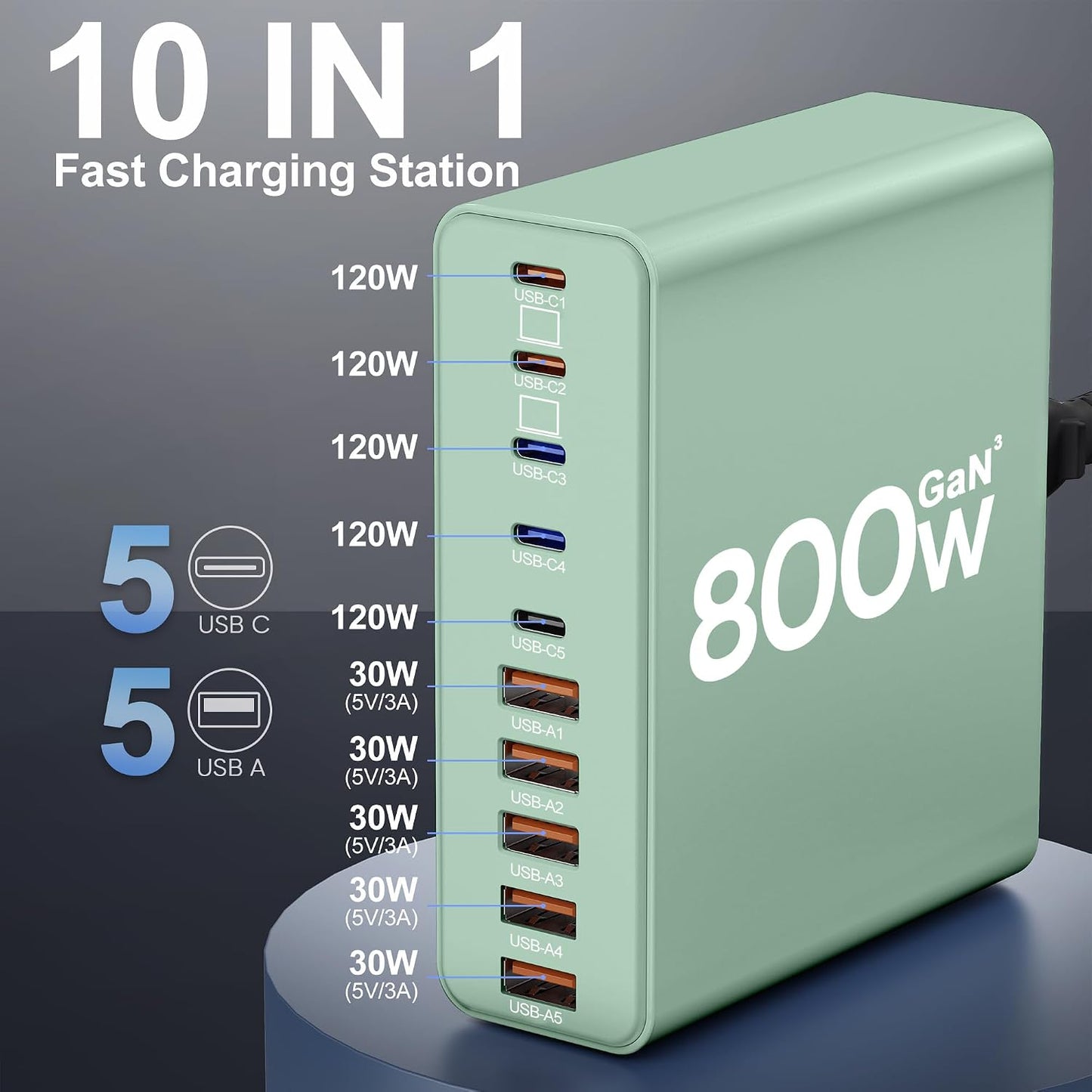 800W USB C Charger Block,10-Port Charging Station | Aexhend GaN Fast Charging Type C & USB A Wall Charger Adapter for MacBook Pro/Air,iPhone,iPad,Dell XPS,Samsung Galaxy(Orange)
