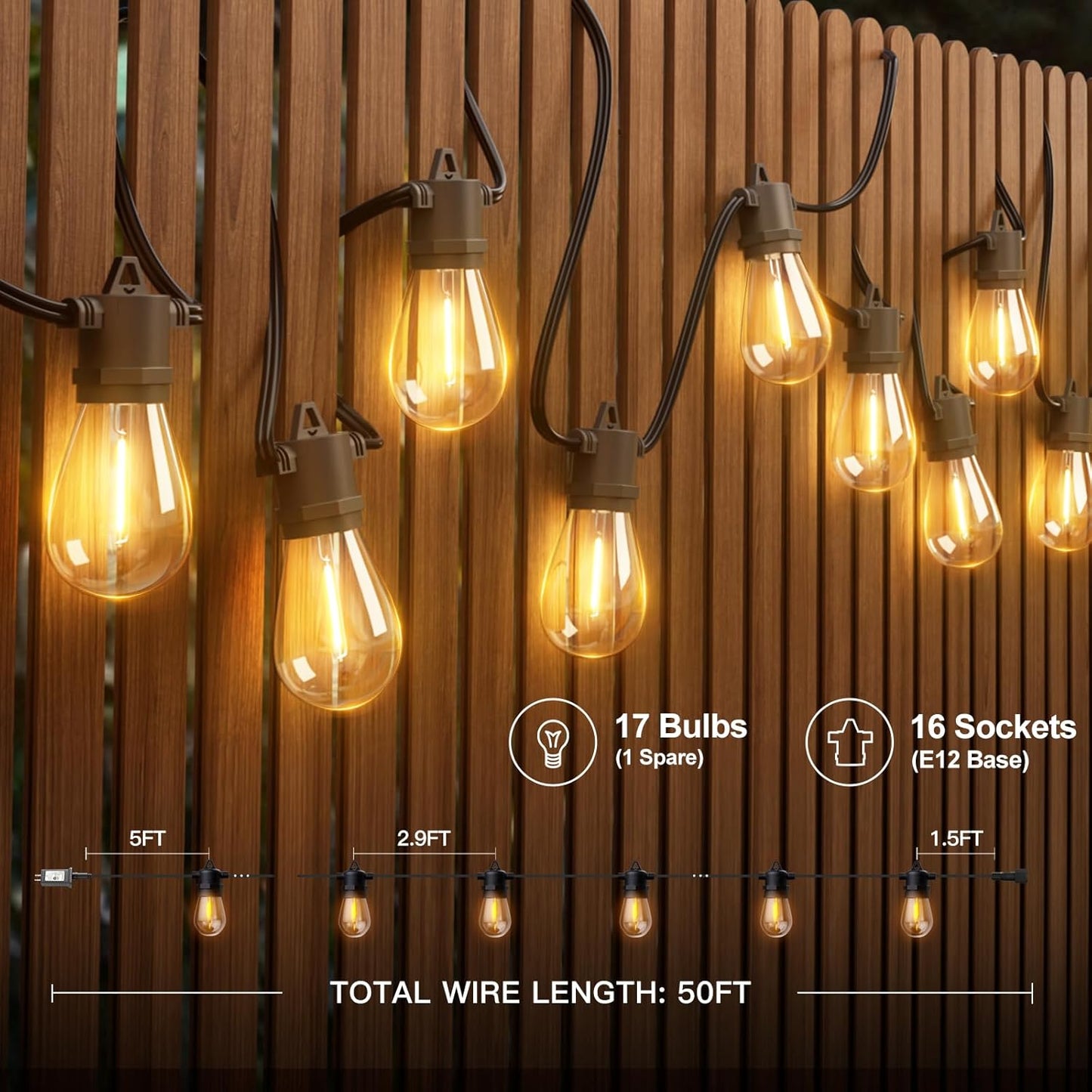 addlon 50FT LED Outdoor String Lights with Edison Shatterproof Bulbs, Weatherproof Strand, Commercial Grade Patio Lights, Decorative for Garden or Patio, Black