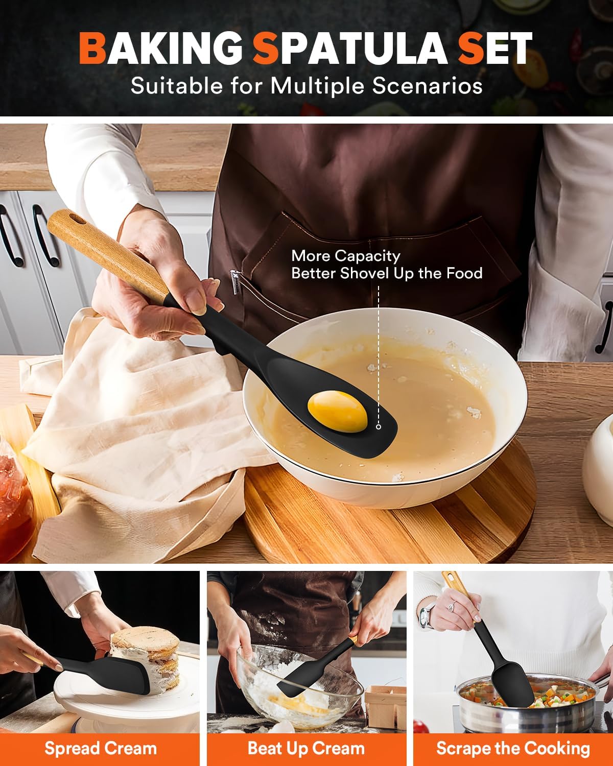 Badiano Silicone Spatula Spoon Set for Nonstick Cookwares, 4 Pack, BLACK
