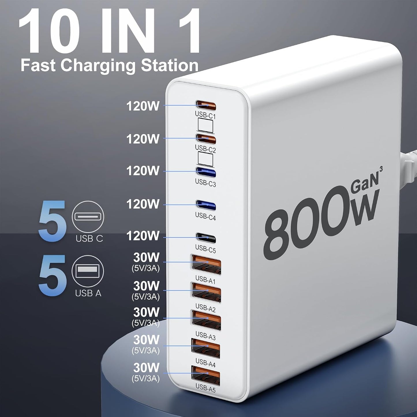 800W USB C Charger Block,10-Port GaN Charging Station | Aexhend Fast Charging Type C & USB A Wall Charger Adapter for MacBook Pro/Air,iPhone,iPad,Dell XPS,Samsung Galaxy(White)