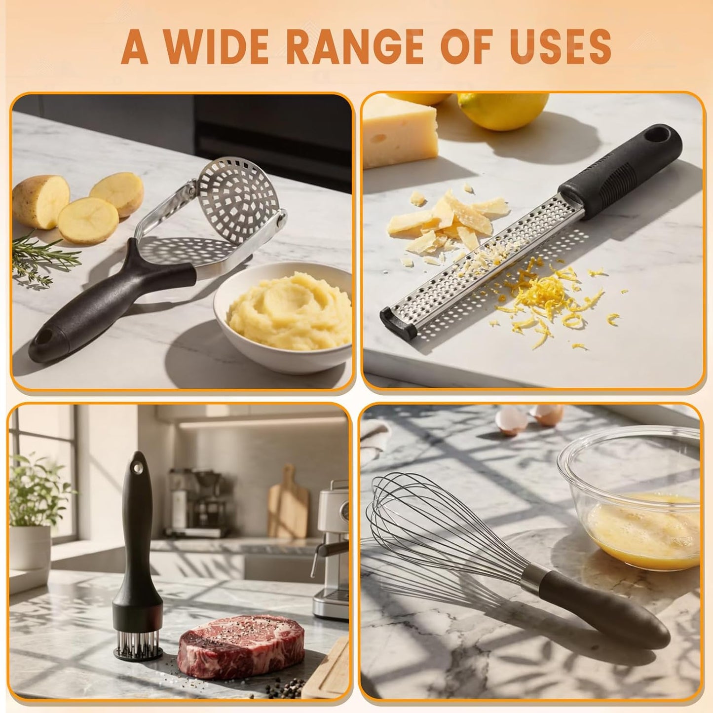 4-Piece Kitchen Gadget Set - Includes Balloon Whisk, Meat Tenderizer, Potato Masher, Grater/Zester, 304 Stainless Steel, Dishwasher Safe