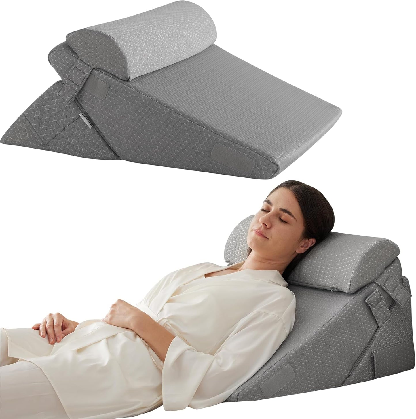 Bedluxe 3Pcs Orthopedic Bed Wedge Pillow Set, Foam Wedge Pillow Post Surgery for Back, Leg and Knee Support, Adjustable 9&12 Inch Folding Triangle Pillow for Sleeping, Acid Reflux, Snoring, Grey